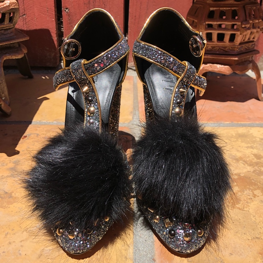 Nasty Gal Glitter Spikes Bling Pom Pom Embellished Shoes Size 7.5